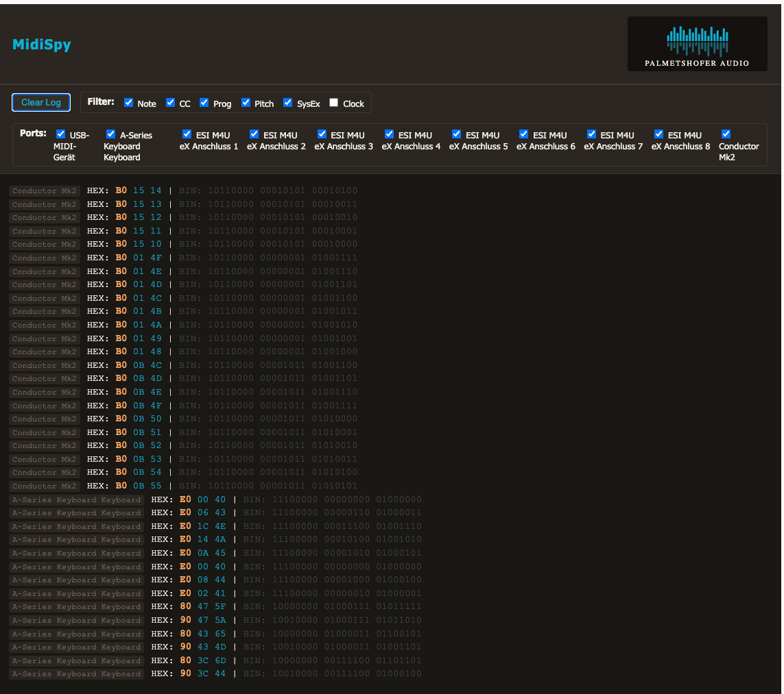 MidiSpy log with color-coded MIDI bytes — status bytes in amber, data bytes in cyan, multiple MIDI ports streaming in parallel